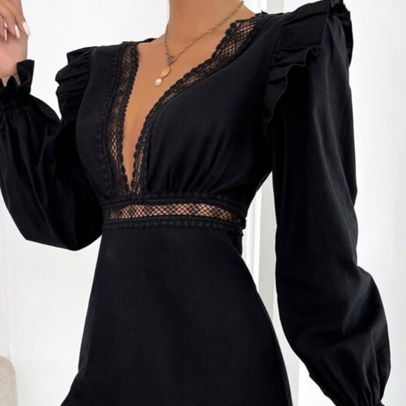 Plunging Neck Lace Ruffle Long Sleeve Mini Dress Black - Picture 9 of 12